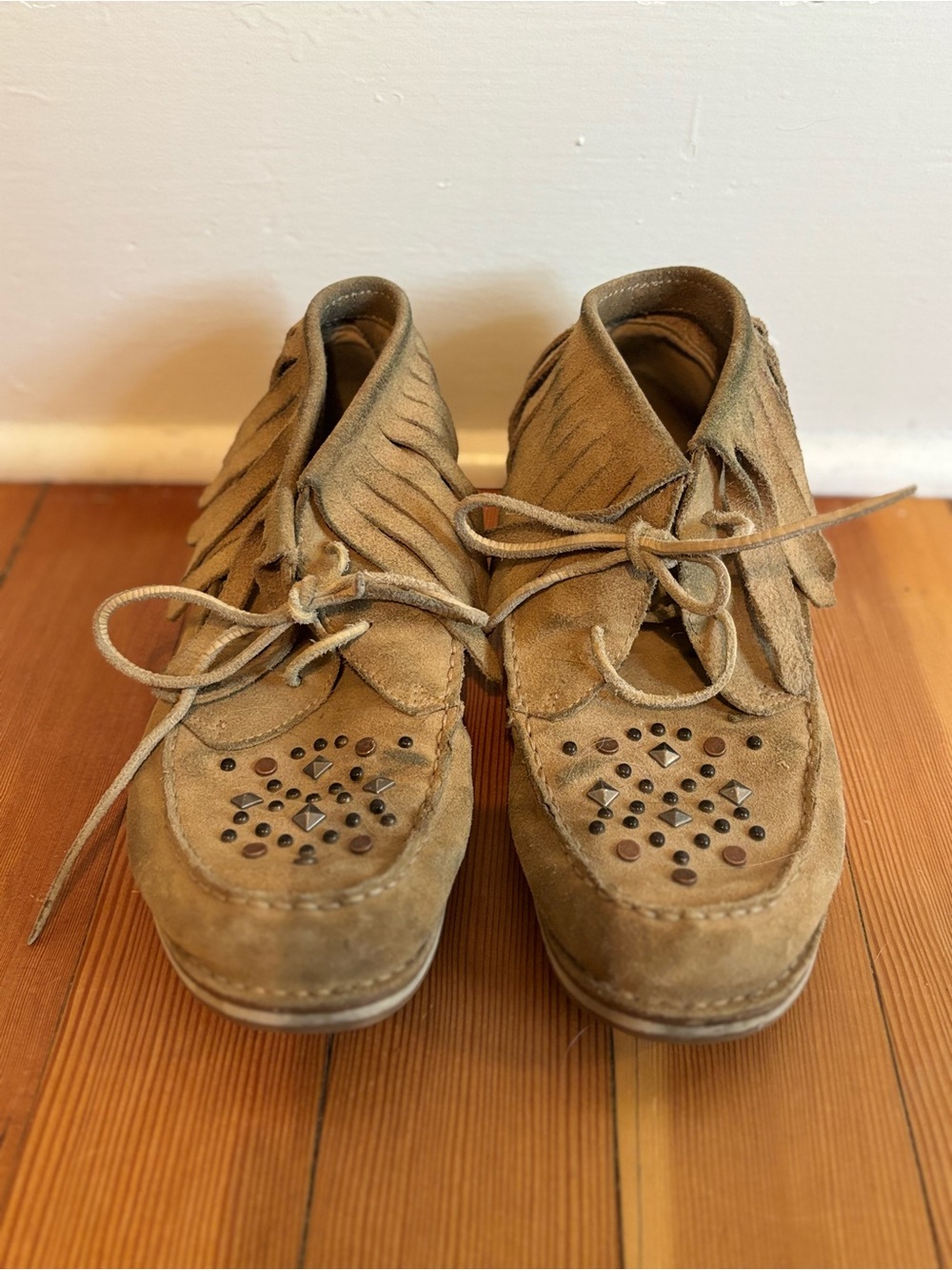 Fringed Suede Moccasin Boots in Tan